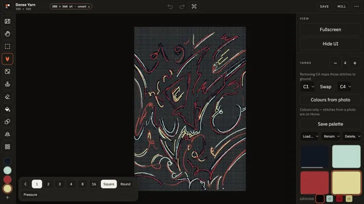 Rozhraní PIXEE s tímtéž motivem převedeným na mřížku 380 × 560 ok a paletou čtyř přízí.
